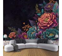 MIATCENRT 3D Photo Wallpaper Mural, Watercolor Flowers Peony Feather Silk Fabric Art Print Dark Blue Murals, Indoor Luxury Wall Painting 250x175cm (WxH) for Living Room TV Backdrop Room Decor