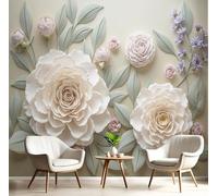 MIATCENRT 3D Rose White-Green Wallpaper Mural, 3D Effect Decoration Floral Wall Mural for Furniture, Silk Fabric Print Photo Wallpaper for Bedroom Bathroom Living Room Decor 250x175cm (WxH)