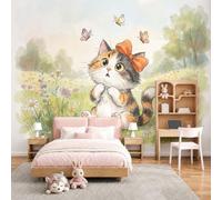 MIATCENRT 3D Springtime Kittens Wall Mural 250x175cm - Silk Fabric Watercolor Lovely Wallpaper, Light Green Photo Mural, Large Scenic Walls Covering for Living Room Bedroom Dining Room Decor