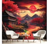 MIATCENRT 3D Wall Mural, Cherry Blossom Trees Houses Print Japan Landscape Photo Wallpaper, Silk Cloth Mural Decoration Poster Picture Design, 300x210cm (WxH) Murals for Living Room Kids Bedroom, Red