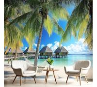 MIATCENRT 3D Wall Mural, Coconut Trees Thatched Houses Print Beach Island Photo Wallpaper, Silk Cloth Mural Decoration Poster Picture Design, 300x210cm (WxH) Murals for Living Room Kids Bedroom, Blue