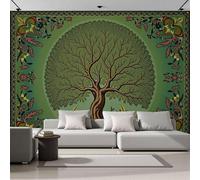 MIATCENRT 3D Wall Mural Exotic Tree of Life Pattern Print Photo Wallpaper, Green Silk Fabric Mural Decoration Poster Picture, Design Art Deco 350x256cm Murals for Living Room Kids Bedroom