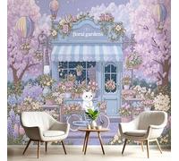 MIATCENRT 3D Wall Mural Flower Shop Bicycle Cat Pattern Print Photo Wallpaper, Pink Silk Fabric Mural Decoration Poster Picture, Design Cute Illustration 350x256cm Murals for Living Room Kids Bedroom