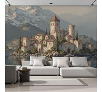 MIATCENRT 3D Wall Mural Island Castle Pattern Print Photo Wallpaper, Beige Silk Fabric Mural Decoration Poster Picture, Design Romance Oil Painting 400x280cm Murals for Living Room Kids Bedroom