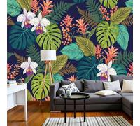 MIATCENRT 3D Wall Mural Plants Orchids Pattern Print Photo Wallpaper, Dark Blue Silk Fabric Mural Decoration Poster Picture, Design Tropical Flowers 250x175cm Murals for Living Room Kids Bedroom