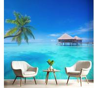 MIATCENRT 3D Wall Mural, Sea Water Hut Print Tropical Palm Trees Photo Wallpaper, Silk Cloth Mural Decoration Poster Picture Design, 300x210cm (WxH) Murals for Living Room Kids Bedroom, Deep Blue