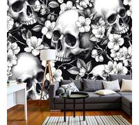 MIATCENRT 3D Wall Mural Skull Cherry Blossom Pattern Print Photo Wallpaper, Black White Silk Fabric Mural Decoration Poster Picture, Design Gothic 400x280cm Murals for Living Room Kids Bedroom