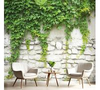 MIATCENRT 3D Wall Mural, Stone Wall Ivy Print Garden Plants Photo Wallpaper, Silk Cloth Mural Decoration Poster Picture Design, 450x315cm (WxH) Murals for Living Room Kids Bedroom, White Green