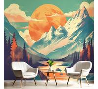 MIATCENRT 3D Wall Mural, Summer Mountains Print Vintage Poster Photo Wallpaper, Silk Cloth Mural Decoration Poster Picture Design, 350x256cm (WxH) Murals for Living Room Kids Bedroom, Orange Green