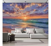 MIATCENRT 3D Wall Mural Sunset Beach Pattern Print Photo Wallpaper, Orange Silk Fabric Mural Decoration Poster Picture, Design Landscape Photography 350x256cm Murals for Living Room Kids Bedroom