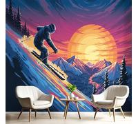 MIATCENRT 3D Wall Mural Sunset Skiers Pattern Print Photo Wallpaper, Blue-Purple Silk Fabric Mural Decoration Poster Picture, Design Retro Poster 250x175cm Murals for Living Room Kids Bedroom