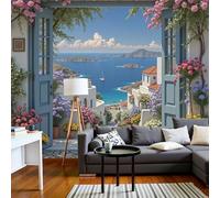 MIATCENRT 3D Wall Mural Wooden Door Seaside Landscape Pattern Print Photo Wallpaper, Blue Silk Fabric Mural Decoration Poster Picture, Design Realistic 300x210cm Murals for Living Room Kids Bedroom