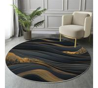 MIATCENRT Abstract Round Rug, Soft Washable Non-Slip Waves Lines Black Gold Circle Carpet, Chic Faux Wool Low-Pile 180cm Circular Throw Rugs for Bedroom/Nursery/Living Room