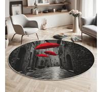 MIATCENRT Alley Red Umbrella Round Area Rug 90cm, Soft Washable Non Slip Low-Pile Circle Thin Rugs, Street Buildings Printed Carpet for Living Room Kitchen Bedroom Dining Room Dark Gray