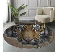 MIATCENRT Animal Round Rug, Soft Washable Non-Slip Breaking The Wall Tiger Brown Circle Carpet, Chic Faux Wool Low-Pile 150cm Circular Throw Rugs for Bedroom/Nursery/Living Room