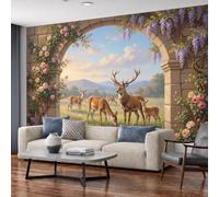 MIATCENRT Animals Landscape Wallpaper Wall Mural | Archway Buck Poster Mural for Living Room Hotel Lobby Office, 450x315cm, Brown Landscape Modern Silk Fabric Photo Wallpaper