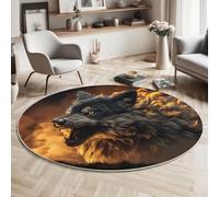 MIATCENRT Animals Round Rug, Soft Washable Non-Slip Angry Wolf Fire Black Gold Circle Carpet, Chic Faux Wool Low-Pile 120cm Circular Throw Rugs for Bedroom/Nursery/Living Room