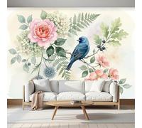 MIATCENRT Beige Wallpaper Mural Watercolor Flowers Cornelian Cherry Goldfinch 3D Silk Fabric Walls Mural Photo Wallpaper, Art Print Decor for Living Room Kids' Bedroom Photo Wall Decoration 250x175cm