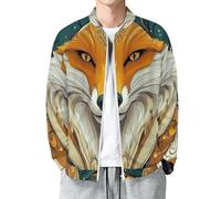 MIATCENRT Bomber Jacket Men's Zip up Coat, Casual Baseball Collar Jackets Gorgeous Fox Pattern Light Amber Outwear Lightweight Windbreaker, Animal Portrait Varsity Jacket with Pockets