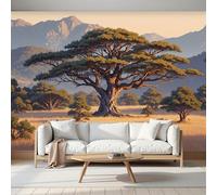 MIATCENRT Custom Size Wall Murals, 250x175cm Landscape Painting Mural Grassland Albizia Tree Silk Fabric Wall Covering, Large Photo Wallpaper for Living Room Bedroom Kitchen Office Kids