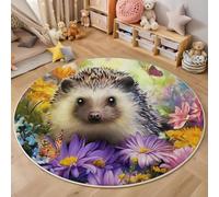 MIATCENRT Cute Hedgehog Flowers Round Area Rug 120cm, Soft Washable Non Slip Low-Pile Circle Thin Rugs, Fantasy Animals Printed Carpet for Living Room Kitchen Bedroom Dining Room Colorful