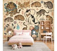 MIATCENRT Demon Cat Mythical Beast Photo Wallpaper 300x210cm Wall Mural, Retro Japan Large Mural Decoration, Children’s Room Baby Room Living Room Bedroom Theme Decor Wallpaper