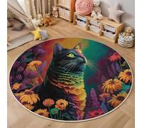 MIATCENRT Dream Round Rug, Soft Washable Non-Slip Rainbow Cat Flowers Colorful Circle Carpet, Chic Faux Wool Low-Pile 120cm Circular Throw Rugs for Bedroom/Nursery/Living Room