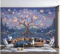 MIATCENRT Dreams Landscape Photo Wallpaper for Bedroom, Cherry Blossom Trees Butterflies Wall Mural for Living Room, Purple Blue Large Mural 300x210cm Silk Fabric 3D Wallpaper Home Decoration