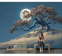 MIATCENRT Fantasy Mural Wallpaper Hillside Full Moon Trees Photo Wallpaper for Room Decoration, Not Self Adhesive Wallcovering Large Mural for Living Room Office Bedroom-250x175cm