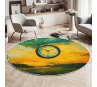 MIATCENRT Fantasy Realism Round Rug, Soft Washable Non-Slip Sky Clock Yellow-Green Circle Carpet, Chic Faux Wool Low-Pile 120cm Circular Throw Rugs for Bedroom/Nursery/Living Room