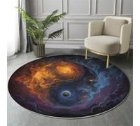 MIATCENRT Fantasy Round Rug, Soft Washable Non-Slip Ice Fire Yin Yang Symbols Blue-Orange Circle Carpet, Chic Faux Wool Low-Pile 180cm Circular Throw Rugs for Bedroom/Nursery/Living Room