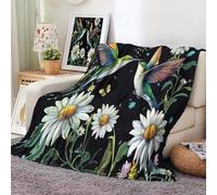MIATCENRT Fleece Throw Blanket For Couch And Bed, King Soft Cozy Daisies Hummingbirds Pattern Flannel Blankets Art Flowers, Lightweight Fuzzy Plush Warm Throws For Sofa Settees