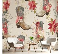 MIATCENRT Floral Prints Cowboy Boots Photo Wallpaper, Large Western Style Design Decoration Murals, Beige Mural Wall Art Print Poster for Modern Office Study Room Home Decor 250x175cm (WxH)