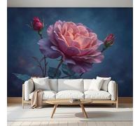 MIATCENRT Flower Bud Rose Wallpaper Mural, 3D Effect Fantasy Flower Wall Mural, Silk Cloth Print Dark Blue Photo Wallpaper for Bedroom Living Room Restaurant Decor 300x210cm (WxH)