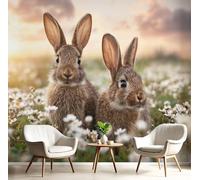 MIATCENRT Flower Field Rabbit Photo Wallpaper Landscape Animals Wall Mural Silk Cloth Decor Art Poster Picture, Brown Green Print Photo Wallpaper for Living Room Bedroom Dorm Decor 400x280cm (WxH)