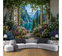 MIATCENRT Flowers Lake Waterfall Photo Wallpaper, Large Window Landscape Design Decoration Murals, Green Mural Wall Art Print Poster for Modern Office Study Room Home Decor 350x256cm (WxH)