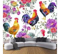 MIATCENRT Flowers Rooster Colorful Wallpaper Mural, 3D Effect Watercolor Wall Mural for Furniture, Silk Fabric Print Photo Wallpaper for Bedroom Bathroom Living Room Decor 350x256cm (WxH)