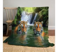 MIATCENRT Forest Animals Flannel Fleece King Size Blanket for Bed, Soft Fluffy Velvet Bed Blanket with Decorative Waterfall Tiger Pattern for All Season, Warm and Lightweight, green