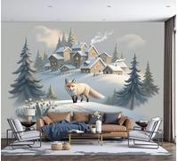 MIATCENRT Forest Illustration Photo Wallpaper for Bedroom, Snowfield Village Fox Wall Mural for Living Room, Beige Large Mural 400x280cm Silk Fabric 3D Wallpaper Home Decoration