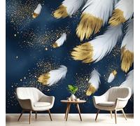 MIATCENRT Gold Leaf Feathers Photo Wallpaper, Large Dreams Art Design Decoration Murals, Dark Blue Mural Wall Art Print Poster for Modern Office Study Room Home Decor 300x210cm (WxH)