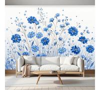 MIATCENRT Grass Reeds Wallpaper Mural, 3D Effect Watercolor Wildflowers Wall Mural, Silk Cloth Print Blue Photo Wallpaper for Bedroom Living Room Restaurant Decor 250x175cm (WxH)