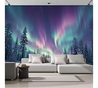 MIATCENRT Hyperrealistic Mural Wallpaper for Living Room Bedroom Decor - Winter Forest Northern Lights Walls Mural, Landscape Wall Art, Silk Cloth Photo Wallpaper 3D Effect, 250x175cm (WxH)