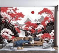 MIATCENRT Japan Illustration Photo Wallpaper for Bedroom, Cherry Blossoms Mountains Wall Mural for Living Room, Red Black Large Mural 300x210cm Silk Fabric 3D Wallpaper Home Decoration