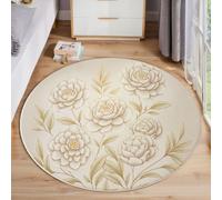 MIATCENRT Kids Round Rug, Chinese Style Floral Lines Peony Circle Rugs Washable, Modern Indoor Soft Non-Slip Carpet for Boys Girls Children Bedroom Playroom Home Decor, 200cm Beige