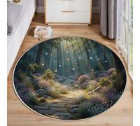 MIATCENRT Kids Round Rug, Magic Forest Path Butterfly Circle Rugs Washable, Modern Indoor Soft Non-Slip Carpet for Boys Girls Children Bedroom Playroom Home Decor, 90cm Green Purple