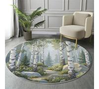 MIATCENRT Kids Round Rug, Oil Painting Forest Birch Trees Path Circle Rugs Washable, Modern Indoor Soft Non-Slip Carpet for Boys Girls Children Bedroom Playroom Home Decor, 200cm White Green
