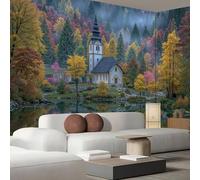 MIATCENRT Lake Church Wallpaper Mural, 3D Effect Dreamlike Landscape Wall Mural, Silk Cloth Print Yellow-Green Photo Wallpaper for Bedroom Living Room Restaurant Decor 200x150cm (WxH)