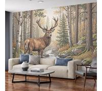 MIATCENRT Line Drawing Landscape Wallpaper Wall Mural | Forest Elk Poster Mural for Living Room Hotel Lobby Office, 450x315cm, Moss Green Landscape Modern Silk Fabric Photo Wallpaper