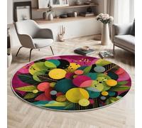 MIATCENRT Living Room Round Rug, 150cm Washable Rugs, Short Pile Dark Pink Circle Soft Carpet, Abstract Illustration 3D Effect Flower Arrangement Floral Pattern, Non-Slip for Bedroom, Dining Room
