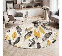 MIATCENRT Living Room Round Rug, 150cm Washable Rugs, Short Pile Mustard Yellow Circle Soft Carpet, Illustration 3D Effect Bohemian Feather Pattern, Non-Slip for Bedroom, Dining Room